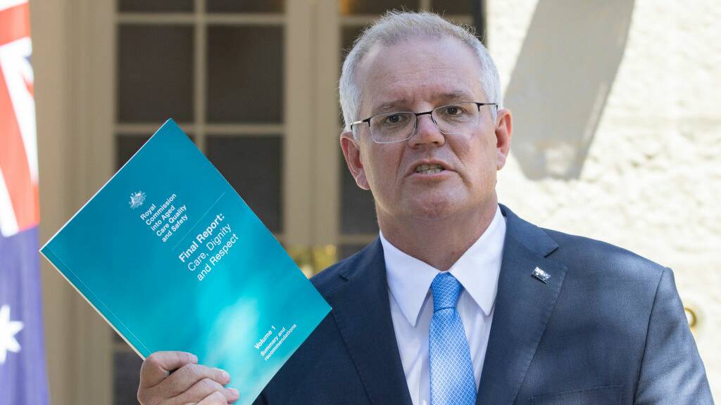 Prime Minister Scott Morrison delivers the Royal Commission Report into Aged Care on March 1. Picture: Getty Images 