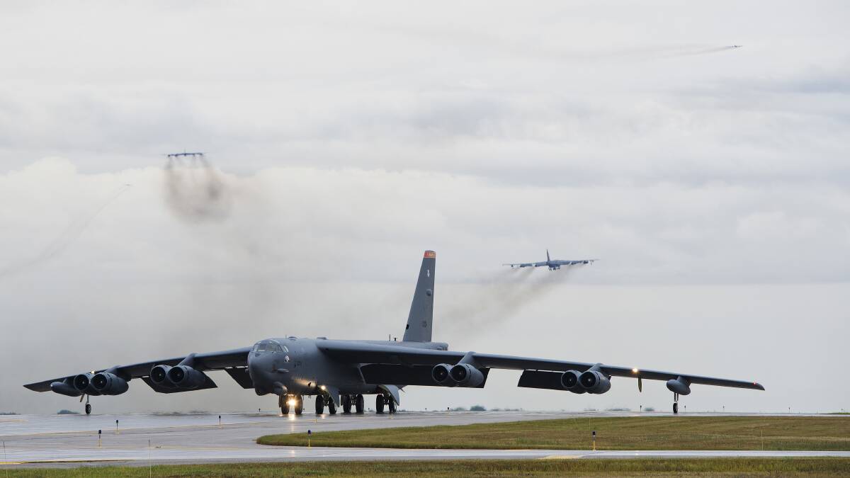 A B-52 taxis down a runway at Minot Air Force Base in 2016. Picture Getty Images