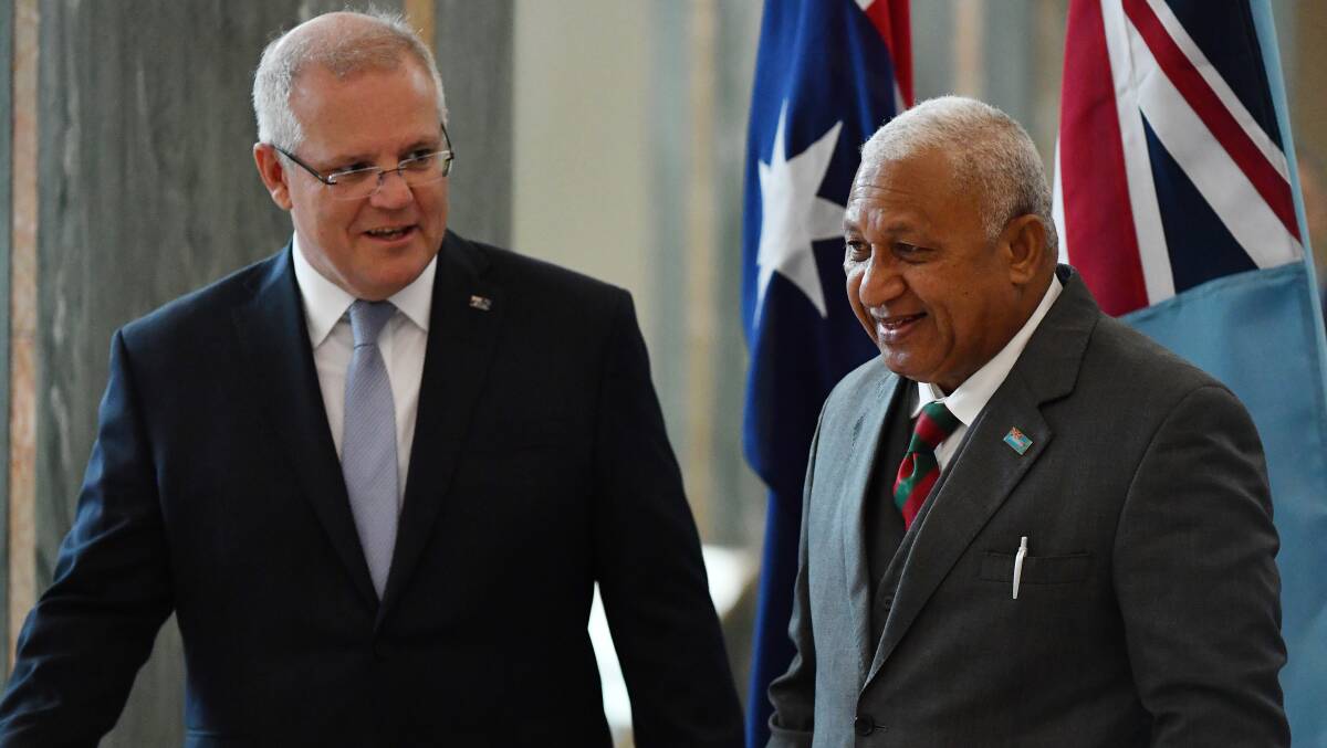 Scott Morrison with Fiji's Prime Minister Frank Bainimarama in 2019. Bainimarama has been critical of Australia's climate policy. Picture: Getty Images