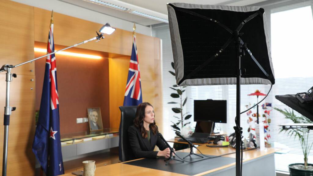 Prime Minister Jacinda Ardern looks on prior to making a live televised address to the nation from her office at Parliament. Picture: Getty Images