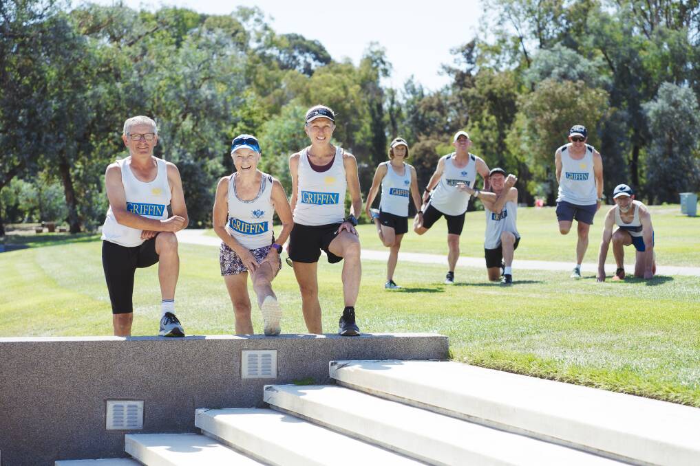 The Canberra Griffins running group members Rob Ey, Ruth Baussmann, Pam Muston, Claire Wall, Roger Pilkington, Peter Ralston, Peter Thomson and Peter Clark. Picture: Dion Georgopoulos