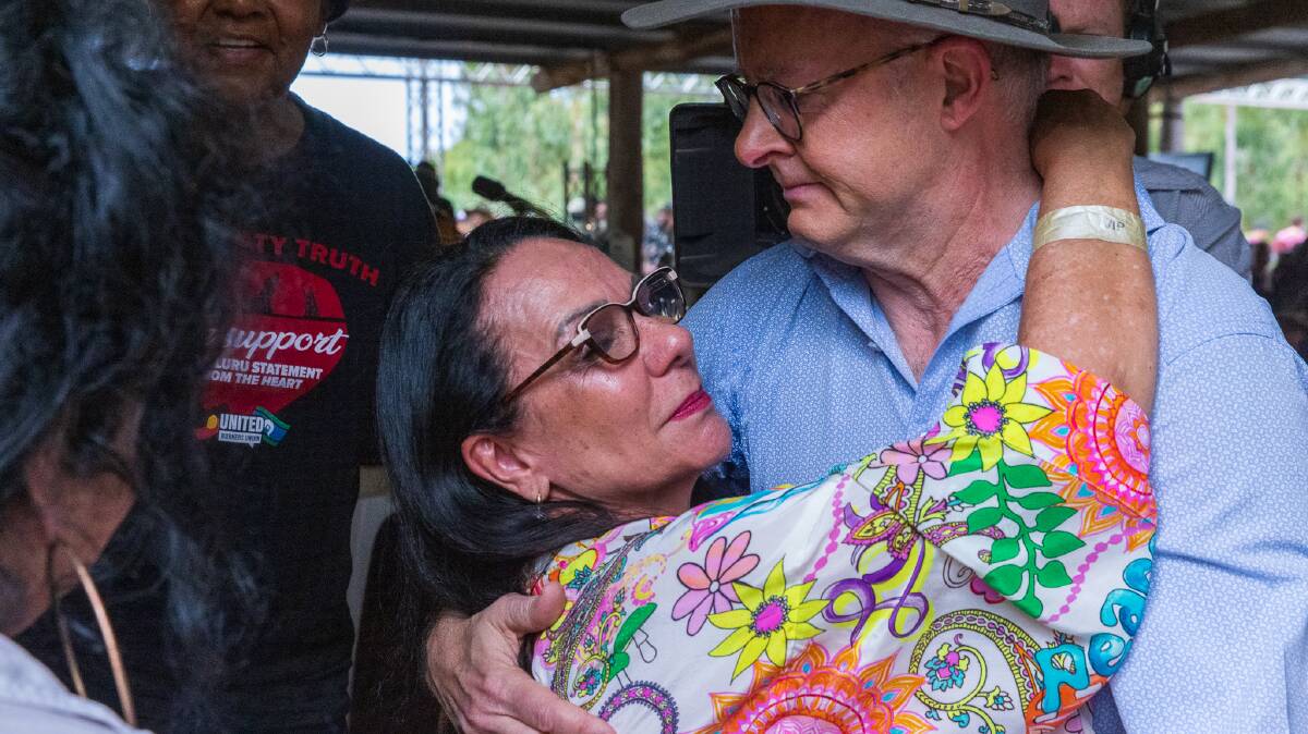 Linda Burney embraces Australian Prime Minister Anthony Albanese during this year's Garma Festival. Both Burney and Albanese are vocal supporters of a referendum on a Voice. Picture: Getty Images