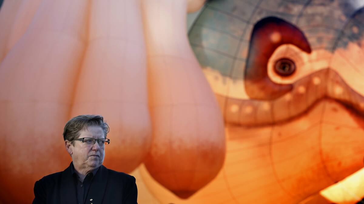 Robyn Archer with Skywhale during Canberra's centenary celebrations. Picture by Jeffrey Chan
