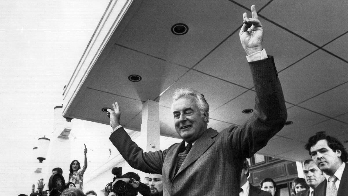 Gough Whitlam on the steps of Old Parliament House on November 11, 1975 after his dismissal. Picture by Graham Thompson