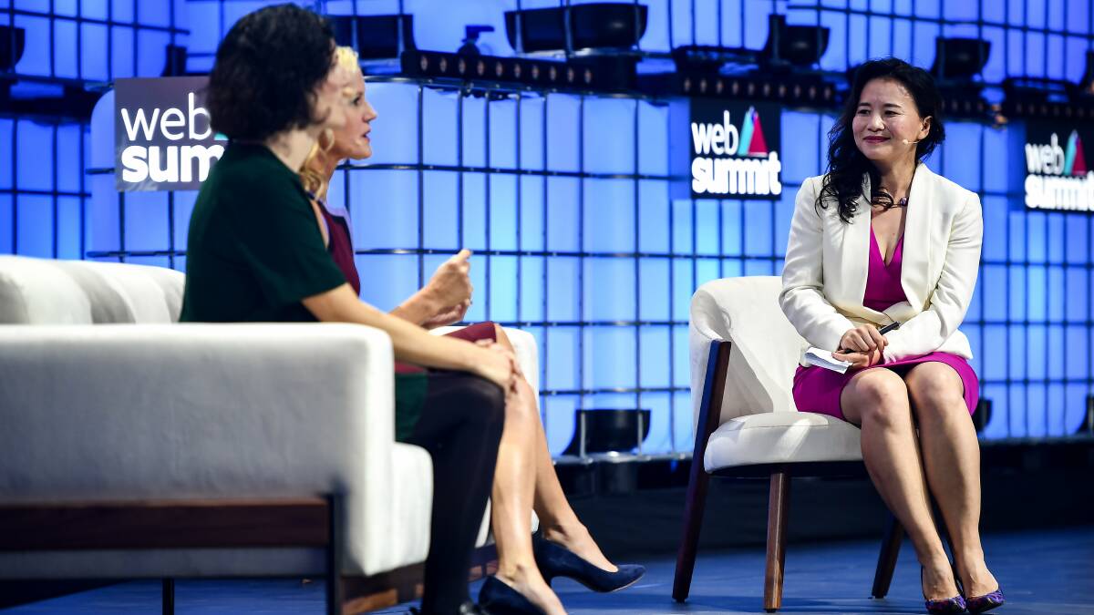 Cheng Lei, right, during a web summit in Portugal in 2019. She was arrested on suspicion of illegally supplying state secrets overseas a year ago. Picture: Getty Images