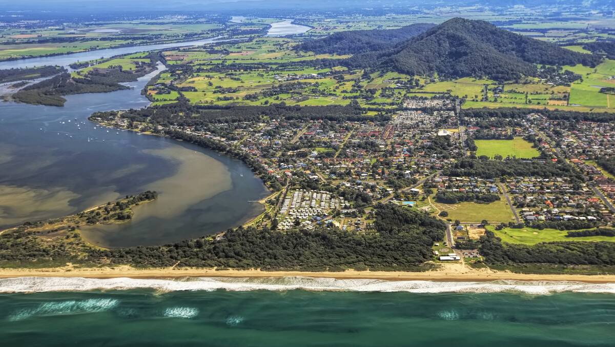 An aerial view of Mt Coolangatta, Coolangatta Estate (at its foot) and Shoalhaven Heads (in the foreground). Picture: Maree Clout/Visit Shoalhaven