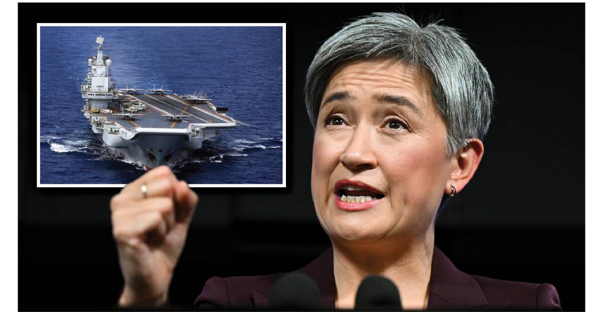 Foreign Affairs Minister Penny Wong at the National Press Club on Monday; and inset, aircraft carrier Liaoning in the western Pacific. Pictures AAP, Chinese Ministry of National Defense