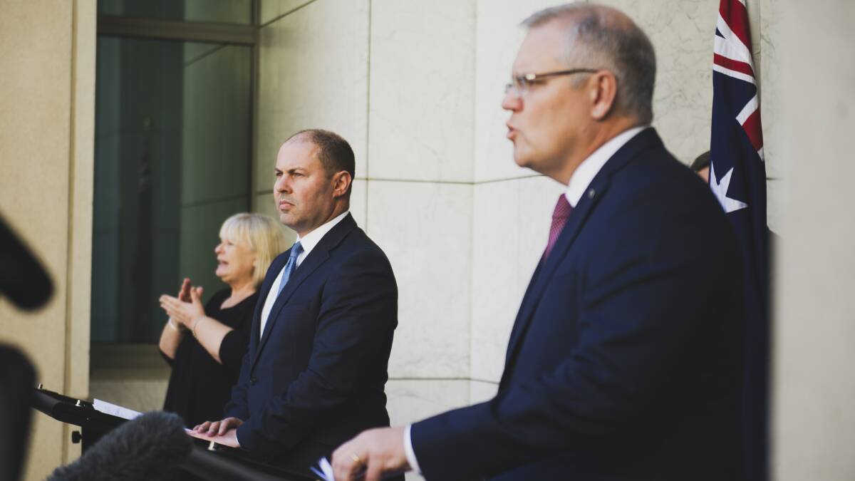 Josh Frydenberg and Scott Morrison announced further subsidies to stimulate the Australian economy during the coronavirus pandemic. Picture: Dion Georgopoulos