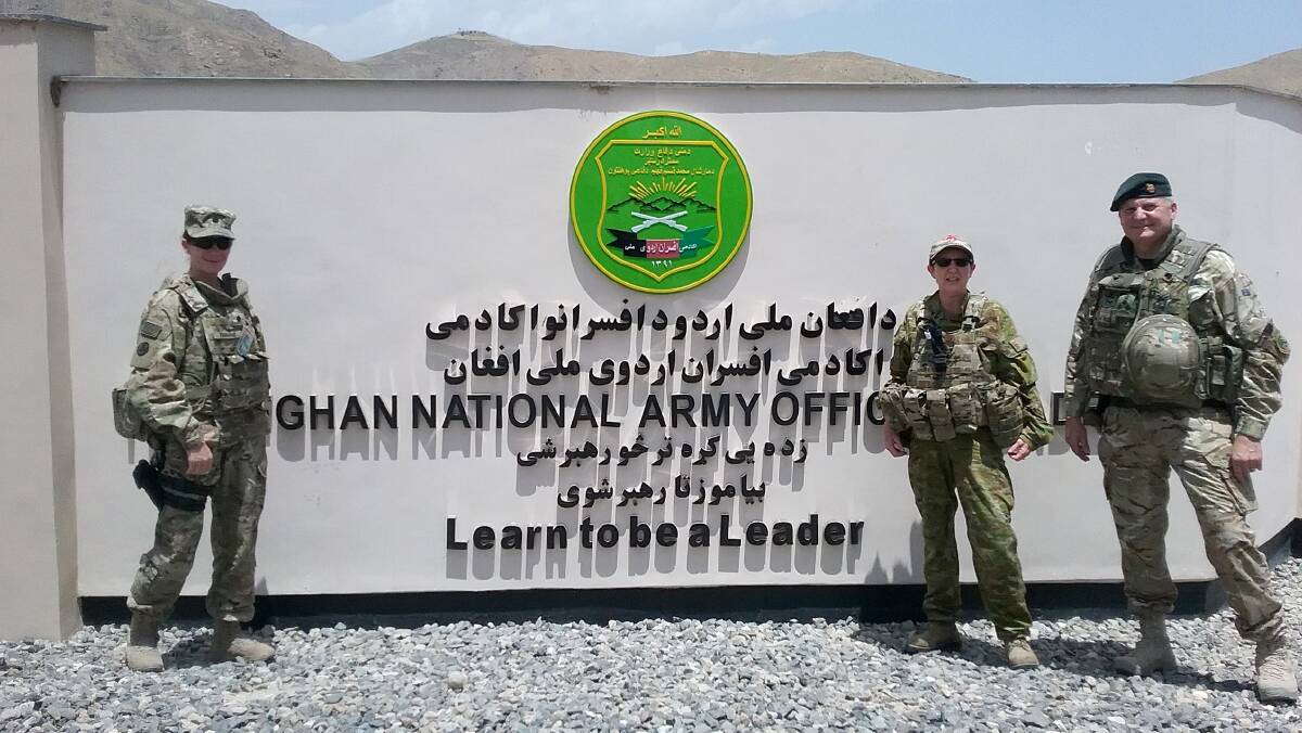 Lieutenant Colonel Donna Fanning (Ministry of Defence Gender Advisor) and Captain Stacey Porter (Senior Gender Advisor) meet with Brigadier Ian Rigden (Chief Mentor Afghan National Army Officer Academy) during a visit to ANAOA. Picture: Supplied