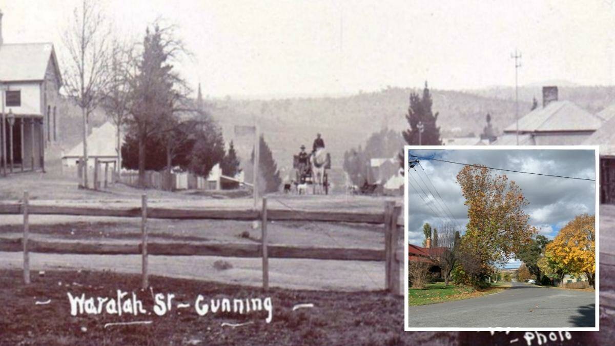 Waratah (now Warrataw) Street Gunning, circa 1890s with Railway Store on right, Frankfield Hotel on the left; and inset, Waratah Street today. Pictures: Gunning & District Historical Society, Tim the Yowie Man