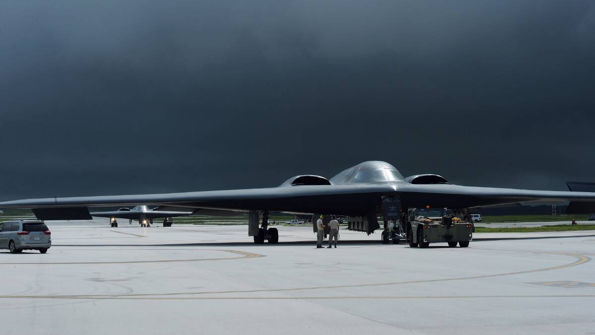 B-2 Spirits land for aircraft recovery as storm clouds gather at Andersen Air Force Base, Guam. Picture Getty Images