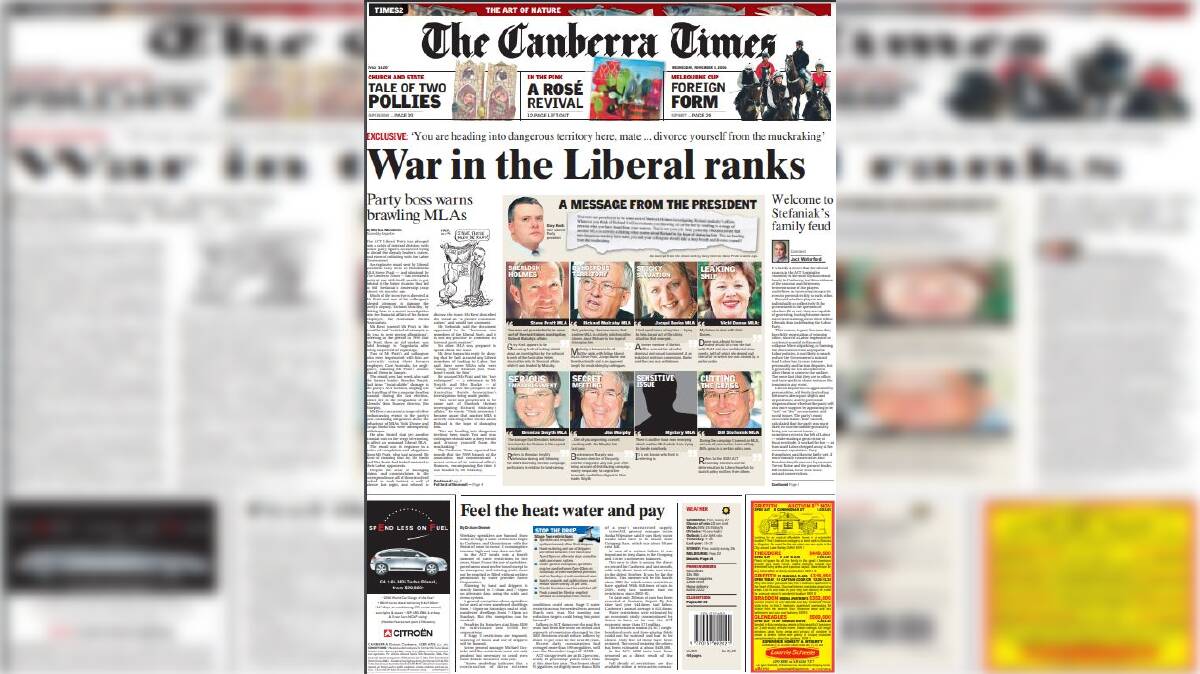 The front page of The Canberra Times on November 1, 2006. It hangs on the wall of Zed Seselja's office in Parliament House.