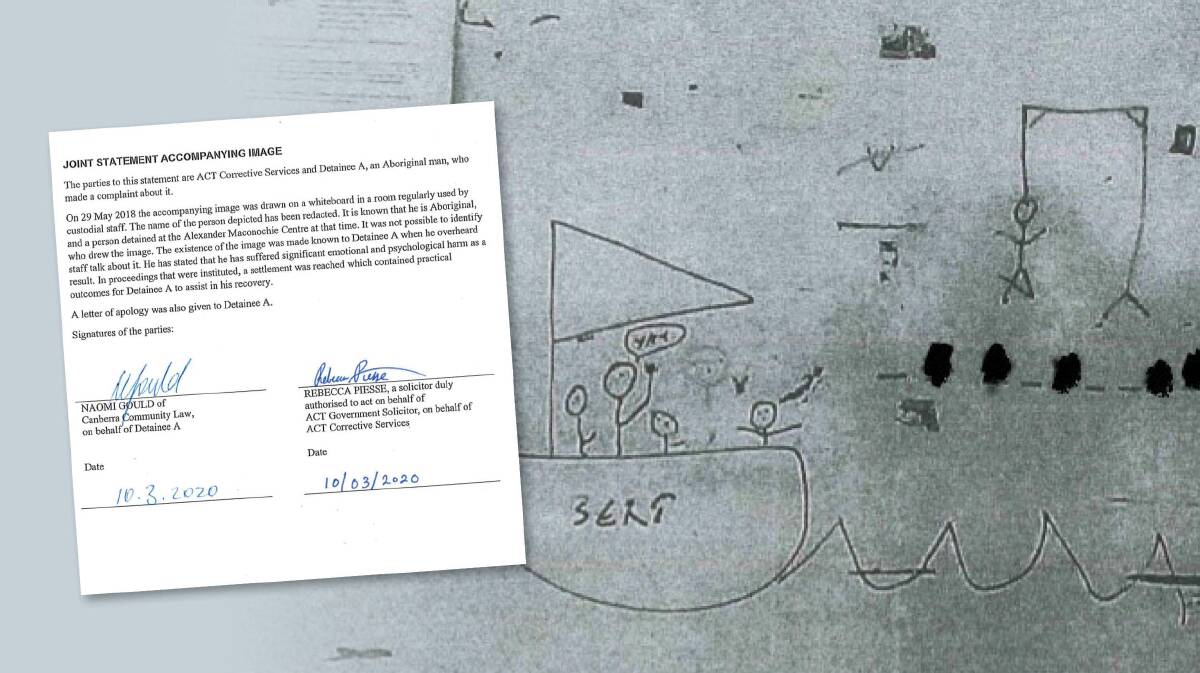 A game of "hangman" played on a whiteboard by prison staff, and inset, the joint statement. Picture: Supplied