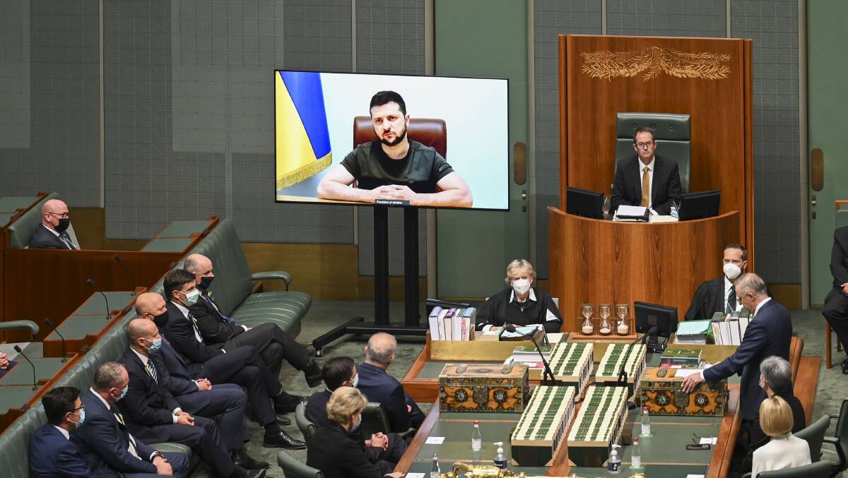 Ukraine President Volodymyr Zelensky addresses the Australian Parliament on March 31. Picture: Getty Images