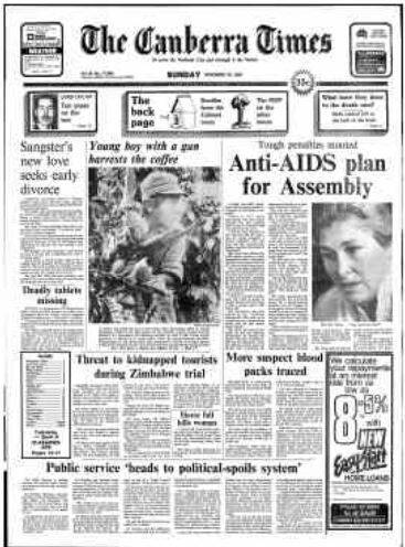 The front page of The Canberra Times November 18, 1984.