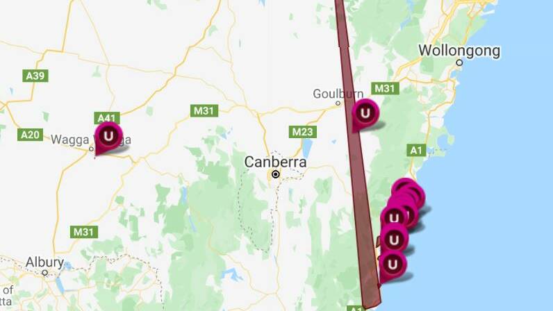 A map displays current power outages on the South Coast. Picture: Essential Energy