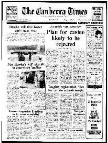 The front page of The Canberra Times on November 20, 1983