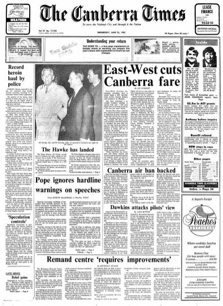 The front page of The Canberra Times on this day in 1983.