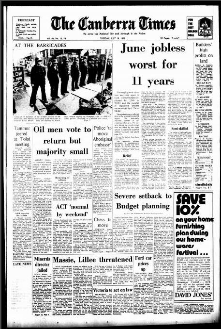 The front page of The Canberra Times on July, 18 1972. 