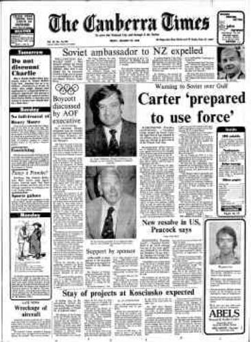 The front page of The Canberra Times from January 25, 1980.