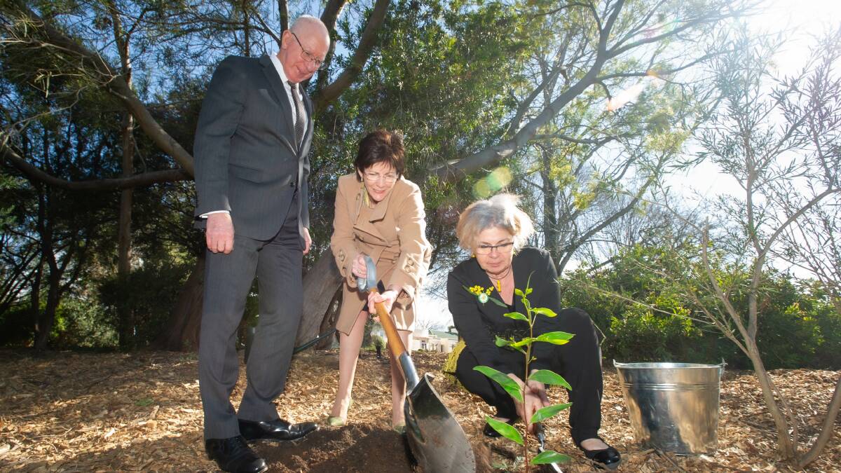 Governor General David Hurley, Linda Hurley and Suzette Searle plant a wattle tree at Government House where there was a ceremony for students. Pictures: Karleen Minney