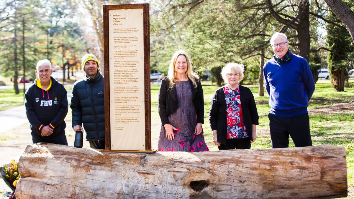 From left, Ngunnawal elder Warren Daley, Jay Daley, Dr Cathy Hope, Ngunnawal elder Aunty Roslyn Brown, and City Renewal Authority chief executive Malcolm Snow. Picture: Jamila Toderas