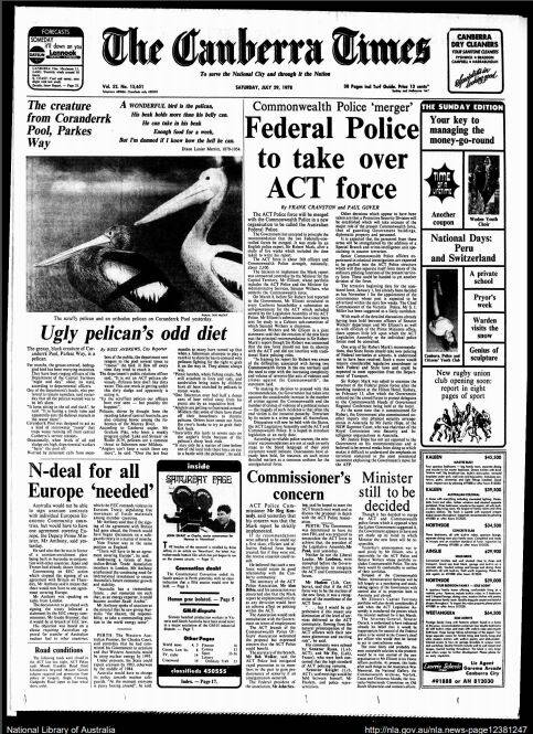 The front page of The Canberra Times on July 29, 1978.