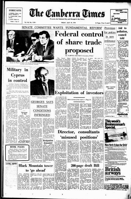The front page of The Canberra Times on July 19, 1974. 