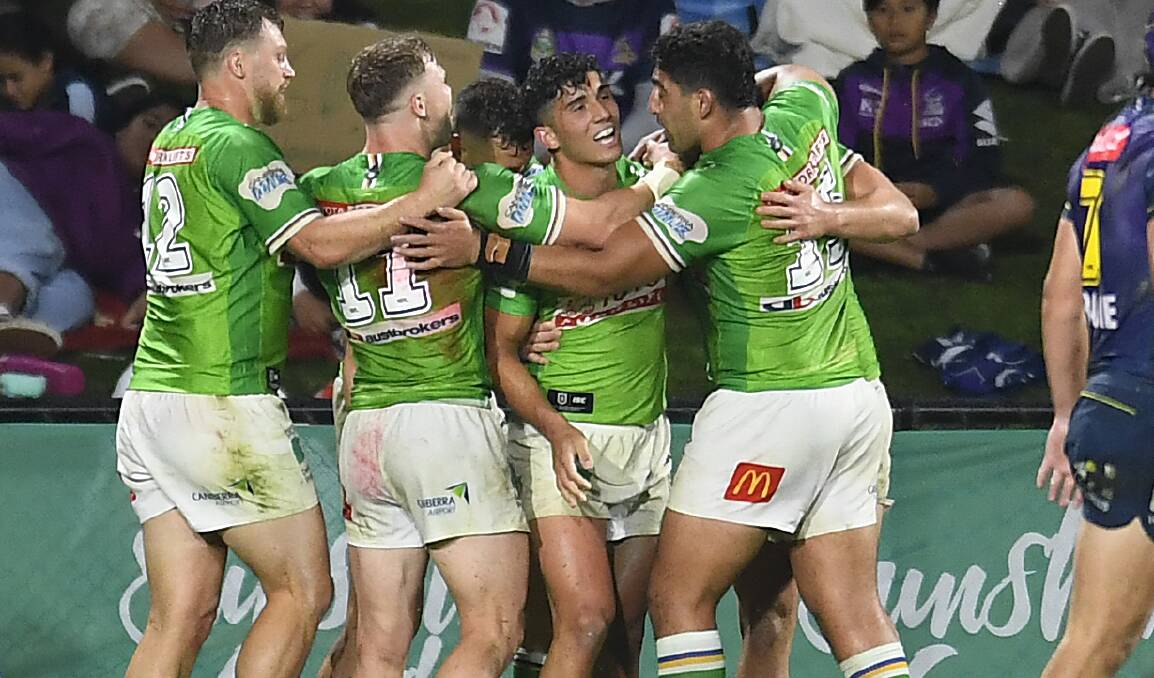 Bailey Simonsson scored three tries against the Melbourne Storm on his Raiders return last Thursday. Picture: Getty