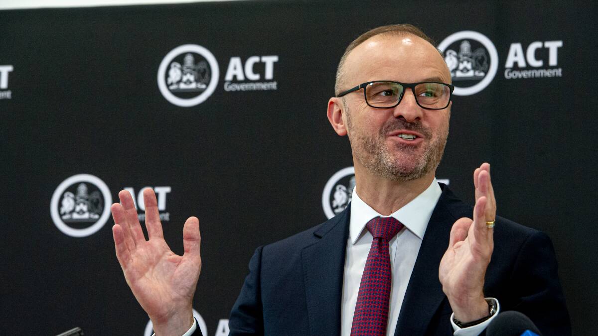 Andrew Barr speaks about his government's latest budget, which revealed funding delays for Canberra's proposed Home of Football. Picture: Elesa Kurtz