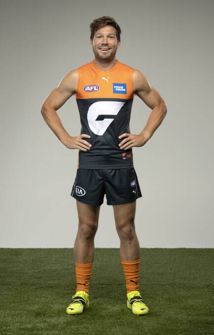 Toby Greene models the new GWS Giants home jersey. Picture: Supplied