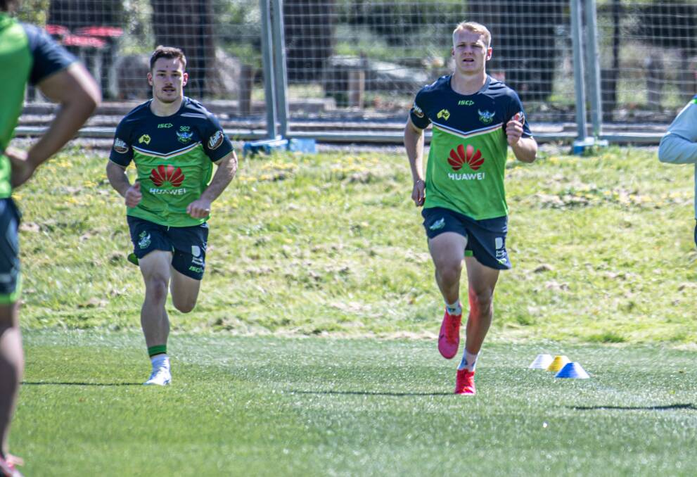 Tom Starling (left) has returned to Raiders training. Picture: Karleen Minney
