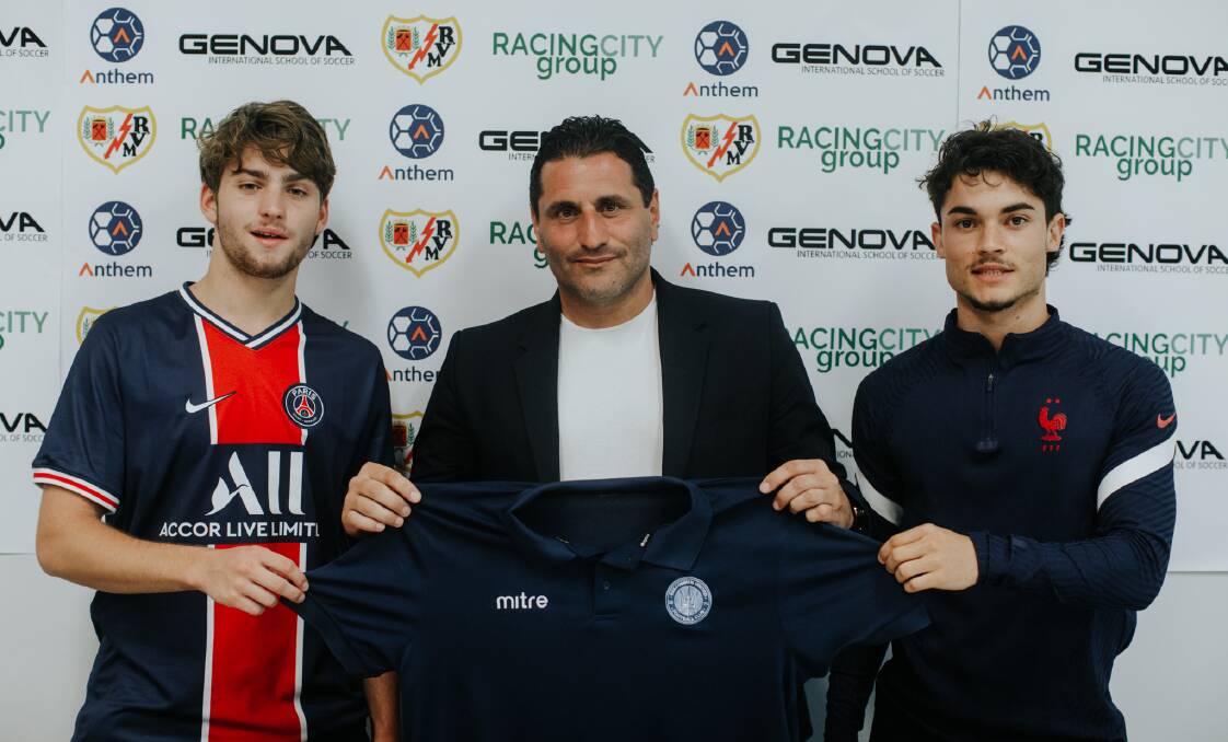 Maxx Green and Thomas Mumford have earned a trial at La Liga club Real Vallecano, thanks to Morris Pagniello (middle). Picture: Michael Southam Photography