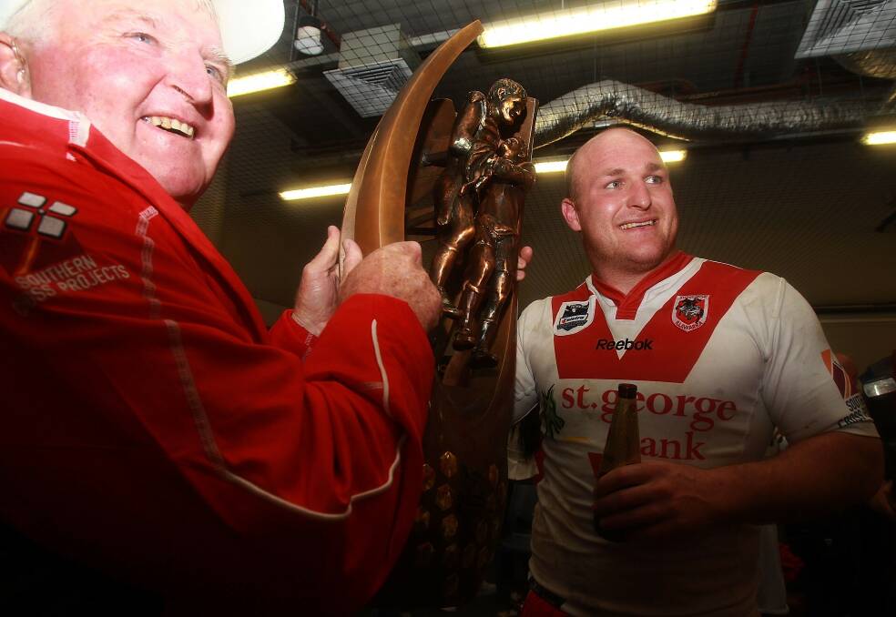 Ack and Mick Weyman celebrate the 2010 NRL premiership. Picture: Getty Images