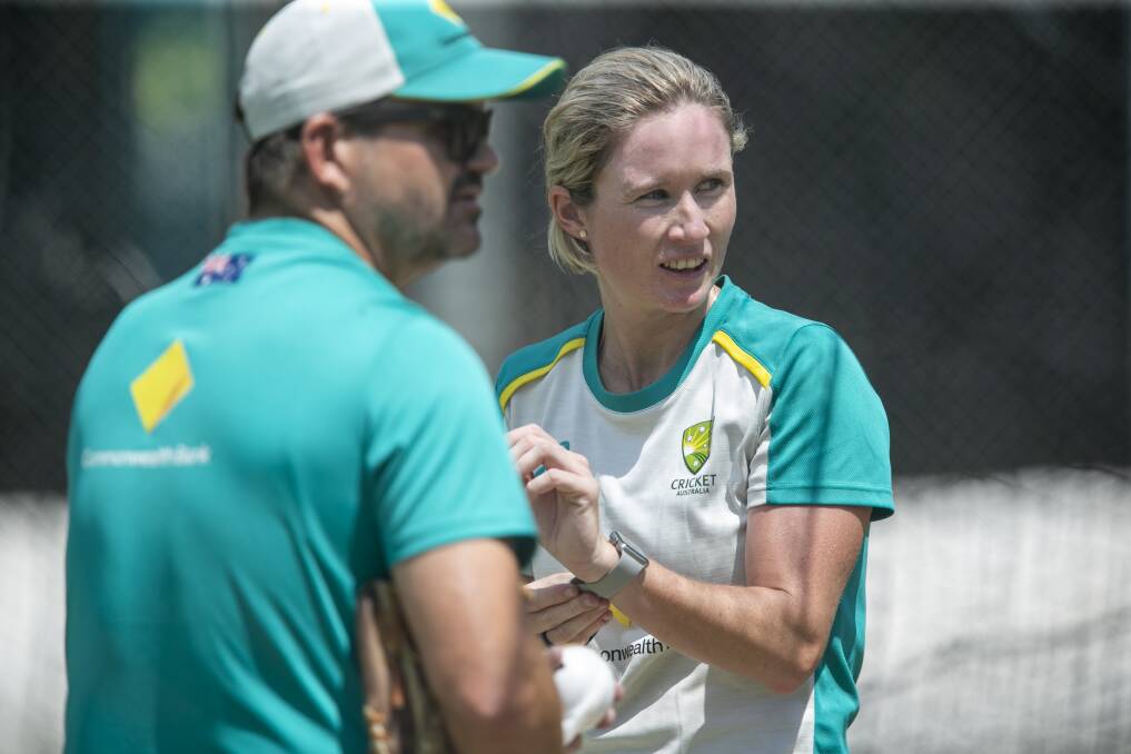 Clockwise from left: Beth Mooney with Australian coach Matthew Mott, barely a week after surgery on a broken jaw, England captain Heather Knight with her Australian counterpart Meg Lanning, and the Ashes trophy. Australian wicketkeeper Alyssa Healy discusses tactics with husband Mitchell Starc. Pictures: Keegan Carroll