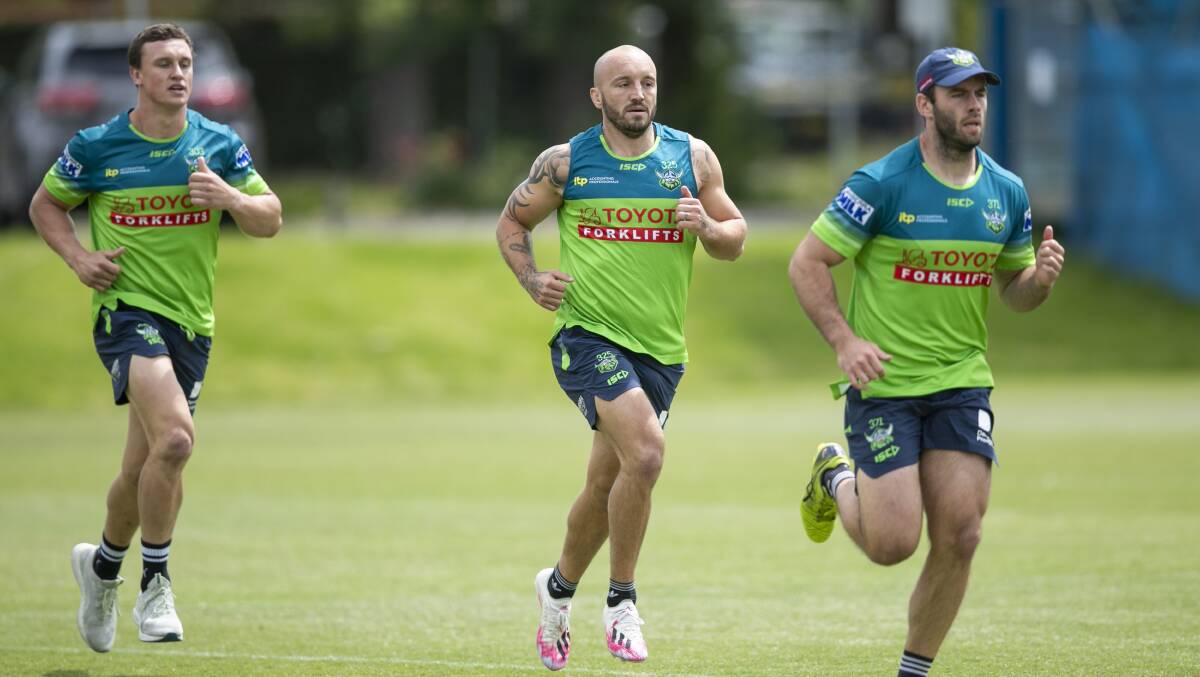 Josh Hodgson (middle) running laps on the first day of pre-season with teammates Jack Wighton and Matt Frawley. Picture: Keegan Carroll