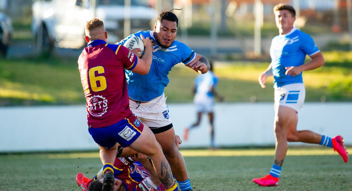 Richard Holani stands in a tackle for the unbeaten Queanbeyan Blues. Picture: Elesa Kurtz
