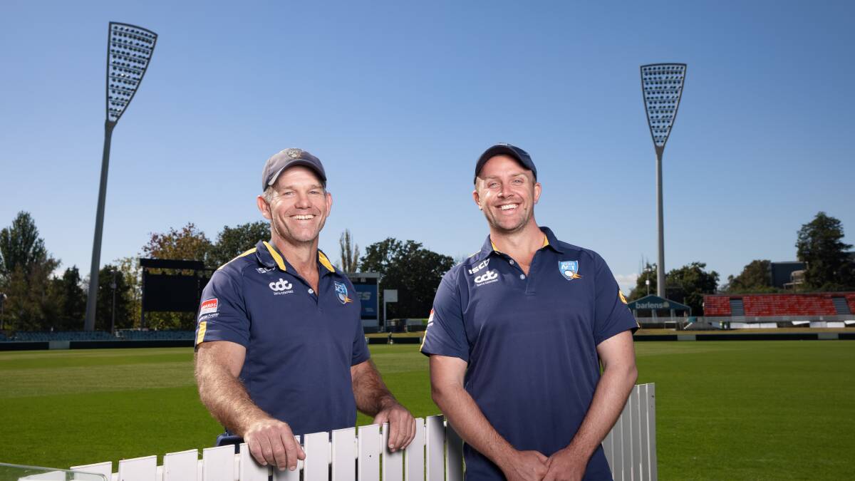 Tom Fahey (right) will succeed Brad Van Dam as curator of Manuka Oval. Picture: Sitthixay Ditthavong