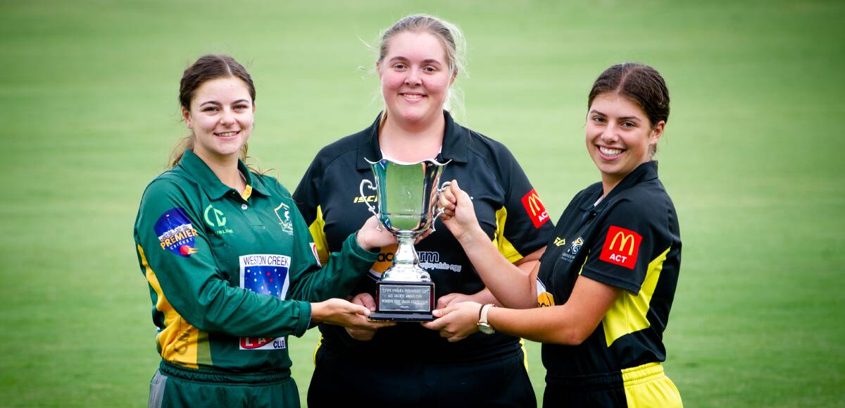 Weston Creek Molonglo skipper Kelly Rowling with Ginninderra co-captains Mary Walters and Caitlin Galeano. Picture Elesa Kurtz