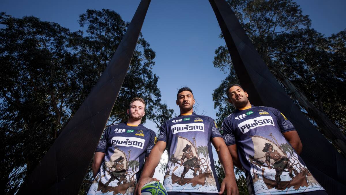 Ryan Lonergan, Irae Simone and Scott Sio model the Brumbies' Pasifika jersey which will be worn this weekend. Picture: Sitthixay Ditthavong