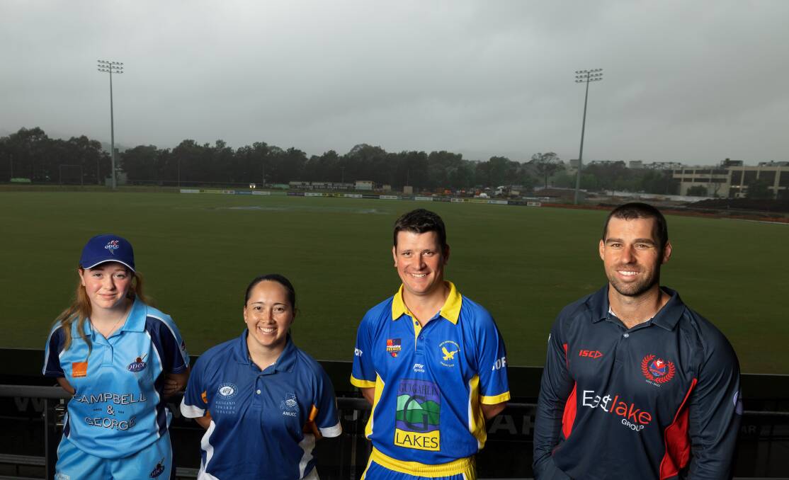 Queanbeyan's Alana Horsfall, Aimee Slocombe from ANU, Tom Rowe of North Canberra-Gungahlin, and Eastlake captain Adam Tett at a rainy Phillip Oval. Picture: Sitthixay Ditthavong