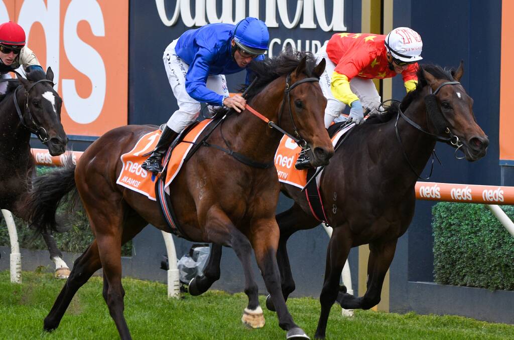Anamoe (left) gets the better of Captivant in the Caulfield Guineas. Picture: Getty