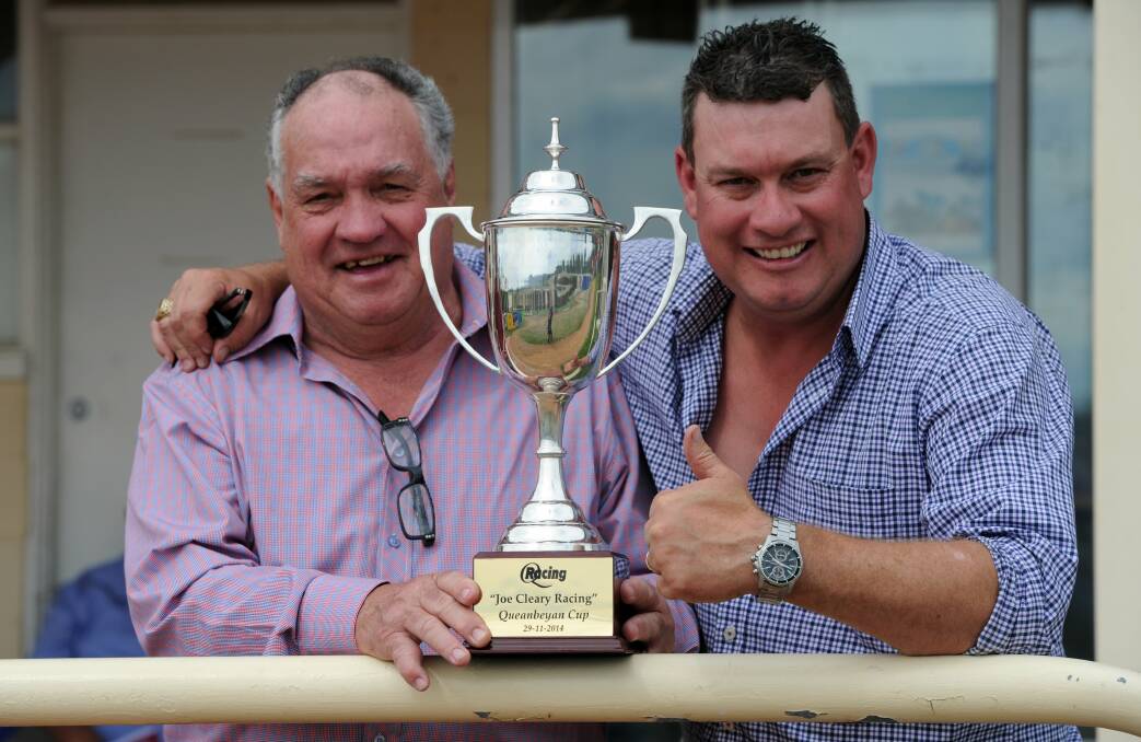 Frank and Joe Cleary nursing the Queanbeyan Cup, which will be worth $45,000 this year. Picture: Graham Tidy