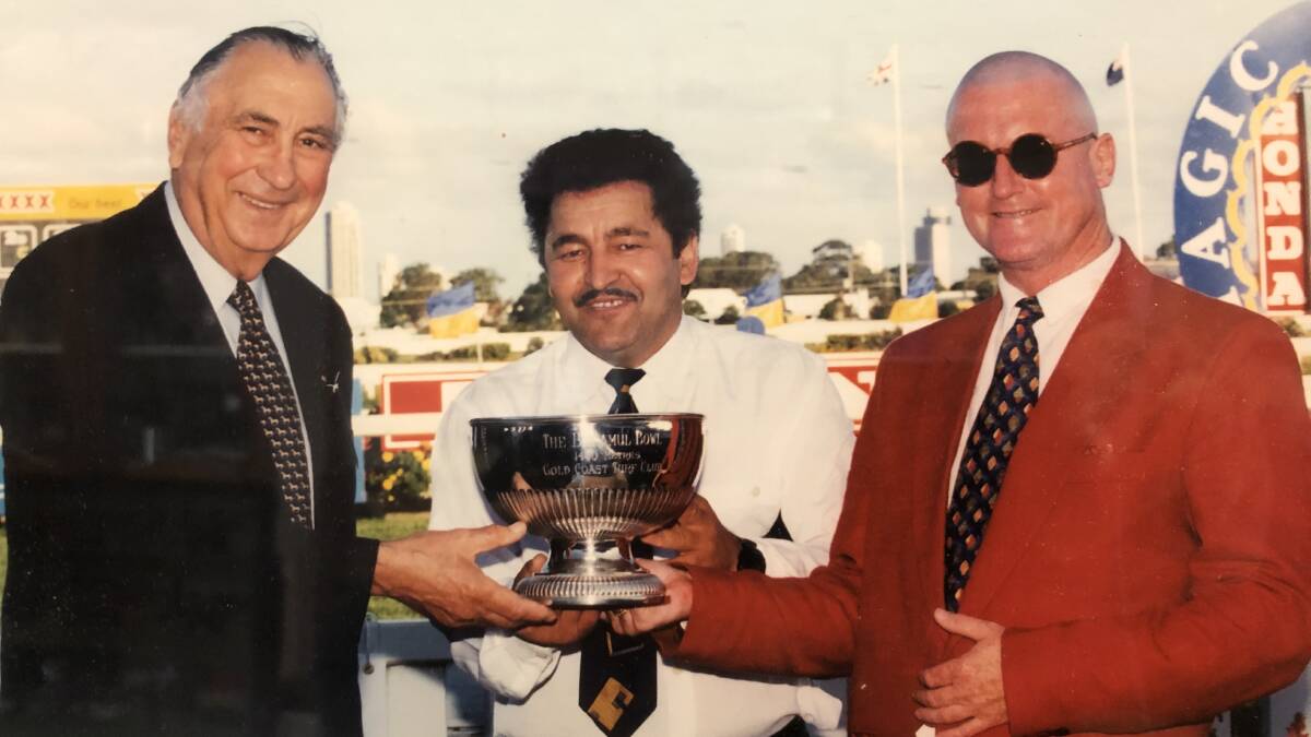 Queanbeyan trainer Mike Petrovic with Steve Conroy (right) and Sir Tristan Antico after Rum Rustic won at the Gold Coast. Picture: Supplied