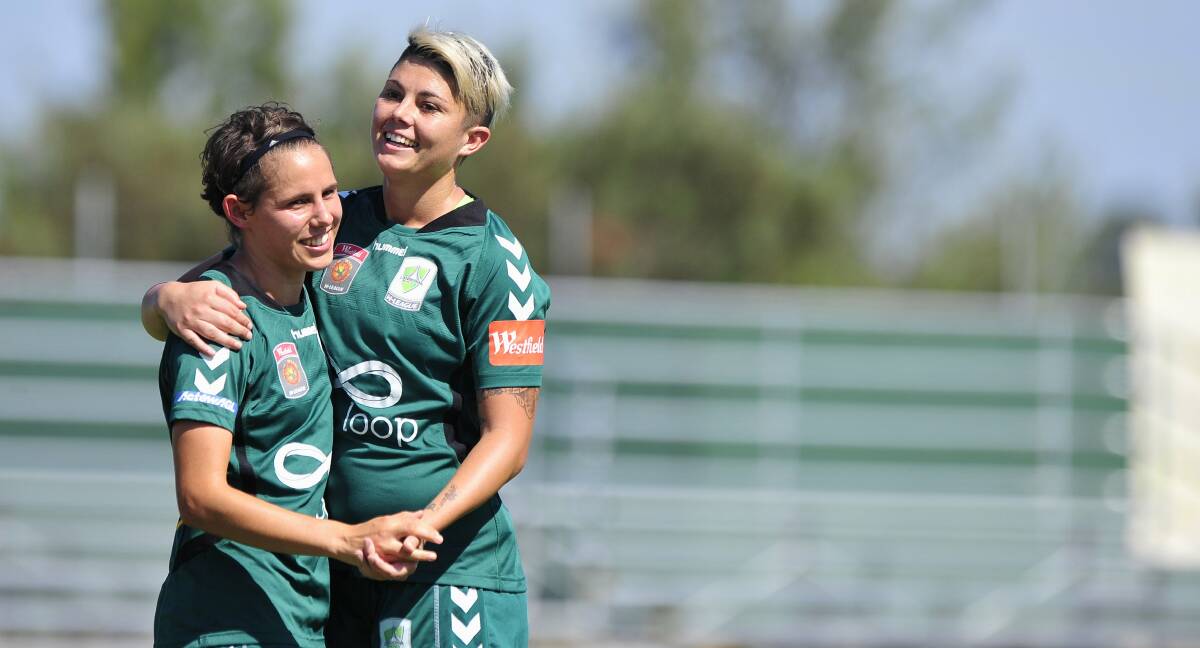 Ashleigh Sykes and Michelle Heyman will reunite at Canberra United this season. Picture: Jeffrey Chan