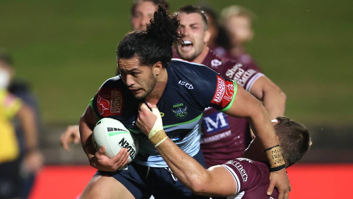 Corey Harawira-Naera charges into the Manly defence on Thursday night. Picture: Getty