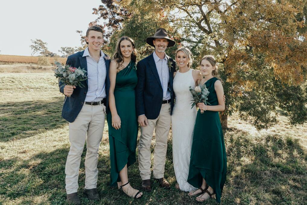 A "wonderfully blended family". Miguel, Ashley, Jaime, Naomi and Lena after the pair married last year. Picture: Supplied