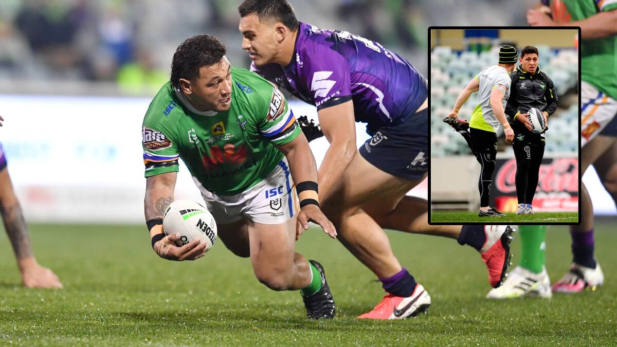 Josh Papalii will go down as one of the Raiders greats. Inset - Papalii and Raiders captain Alan Tongue in 2011. Pictures: NRL Imagery, Stu Walmsley