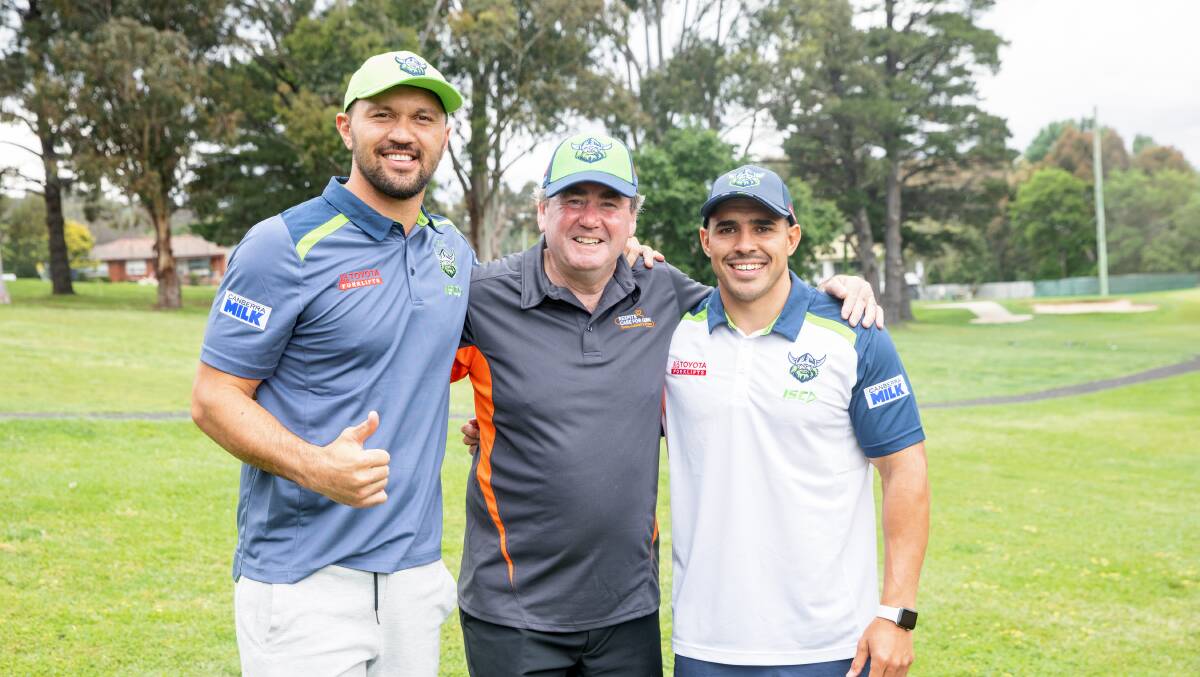 Jordan Rapana, Respite Care for Queanbeyan chair Paul Walshe and Jamal Fogarty in Queanbeyan on Thursday. Picture: Sitthixay Ditthavong