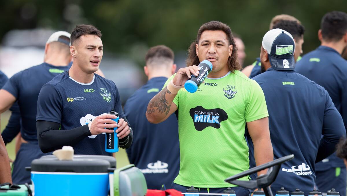 Charnze Nicoll-Klokstad and Josh Papalii at Raiders training on Wednesday. Picture: Sitthixay Ditthavong